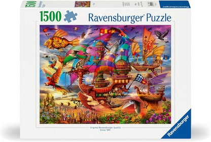 Ravensburger 1500-piece puzzle box with a vibrant fantasy illustration of flying ships, airborne fish and exotic birds