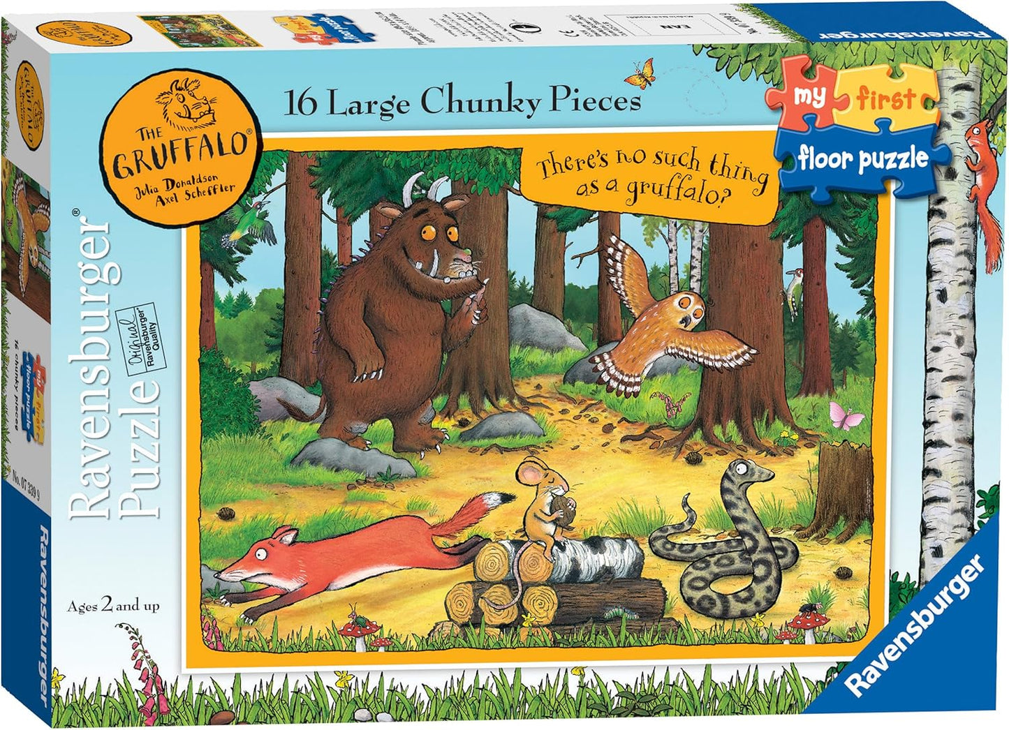 The Gruffalo stands in a forest, surrounded by a frightened fox, mouse, owl and snake. Ravensburger puzzle box