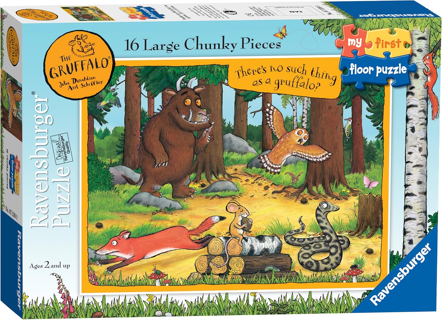 The Gruffalo stands in a forest, surrounded by a frightened fox, mouse, owl and snake. Ravensburger puzzle box