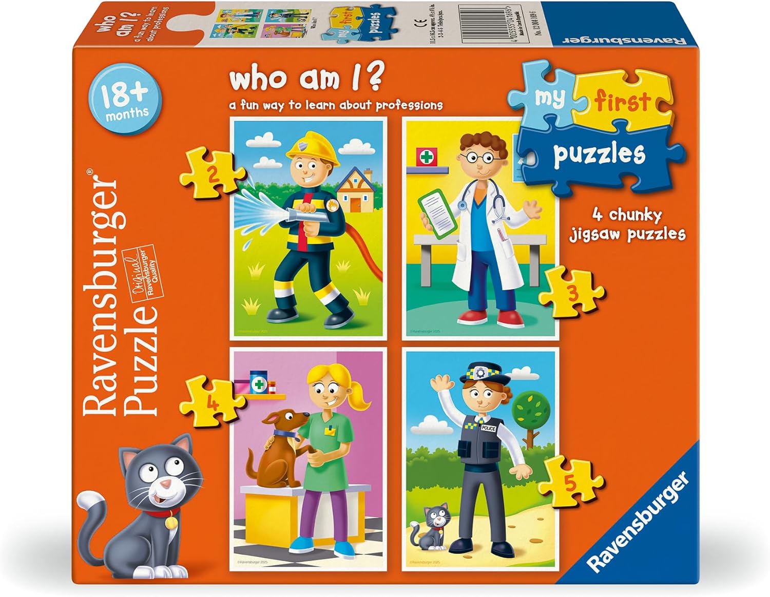 Ravensburger "Who Am I?" chunky jigsaw puzzle box featuring cartoon firefighter, doctor, vet and police officer