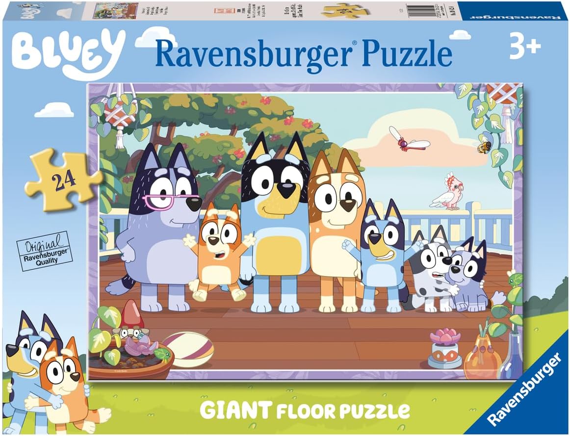 Bluey Ravensburger 24-piece floor puzzle box with the Heeler family and friends posing outdoors