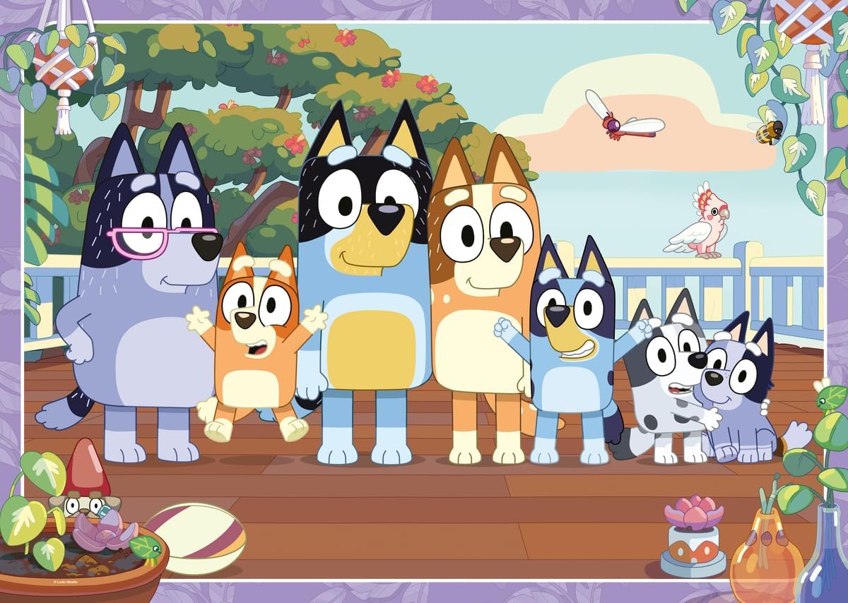 Seven Bluey characters, including the Heeler family and relatives, posing together happily on an outdoor deck