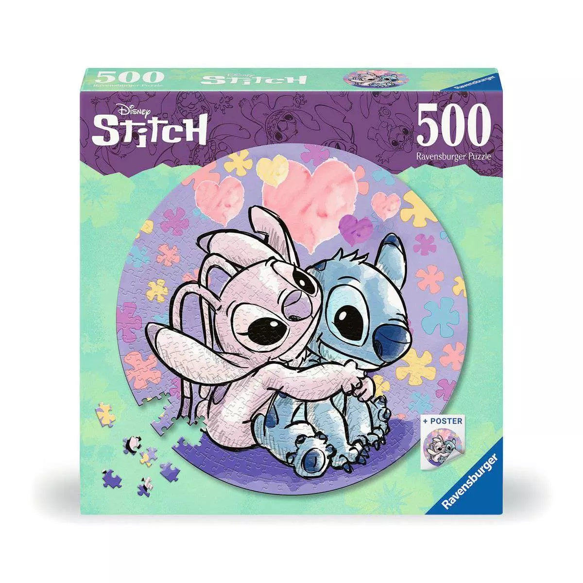 500-piece Disney Stitch circular puzzle box showing Stitch and angel hugging amidst hearts