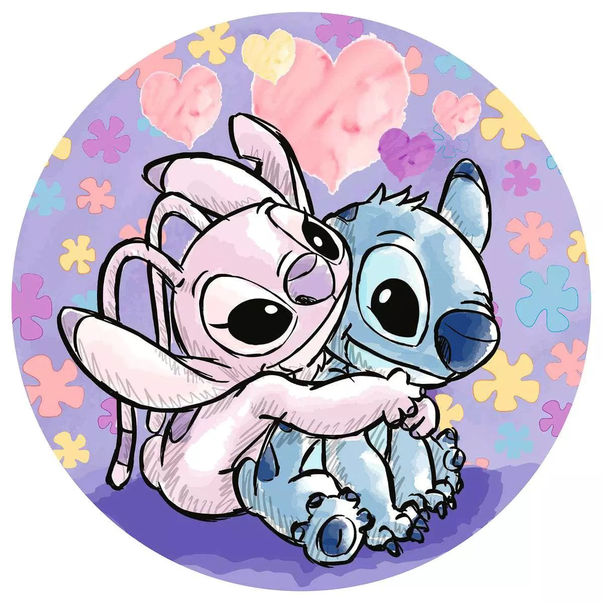 Stitch and Angel, blue and pink, hugging on a purple background with hearts and flowers