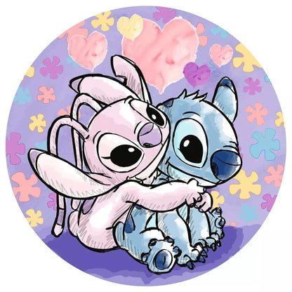 Stitch and Angel, blue and pink, hugging on a purple background with hearts and flowers