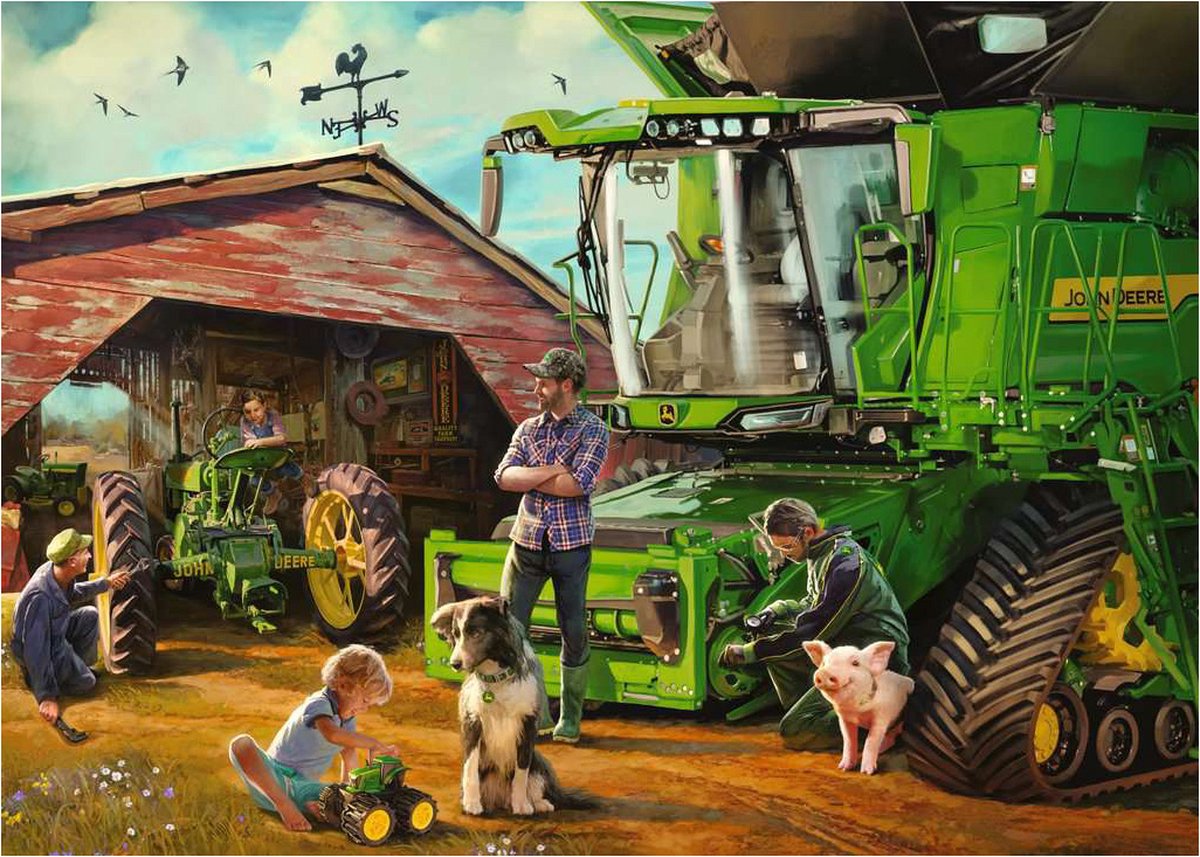 A farm family works on John Deere combine and tractor, children play nearby with a dog and piglet