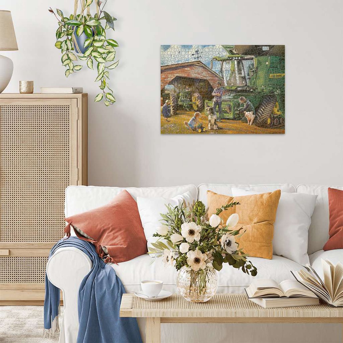 A jigsaw puzzle depicting a farm scene with a green combine harvester, people, a dog, and a piglet beside a barn