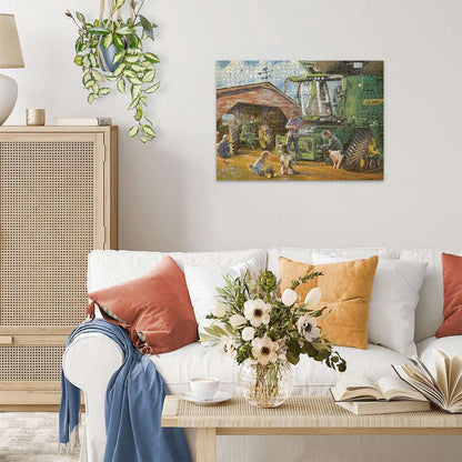 A jigsaw puzzle depicting a farm scene with a green combine harvester, people, a dog, and a piglet beside a barn