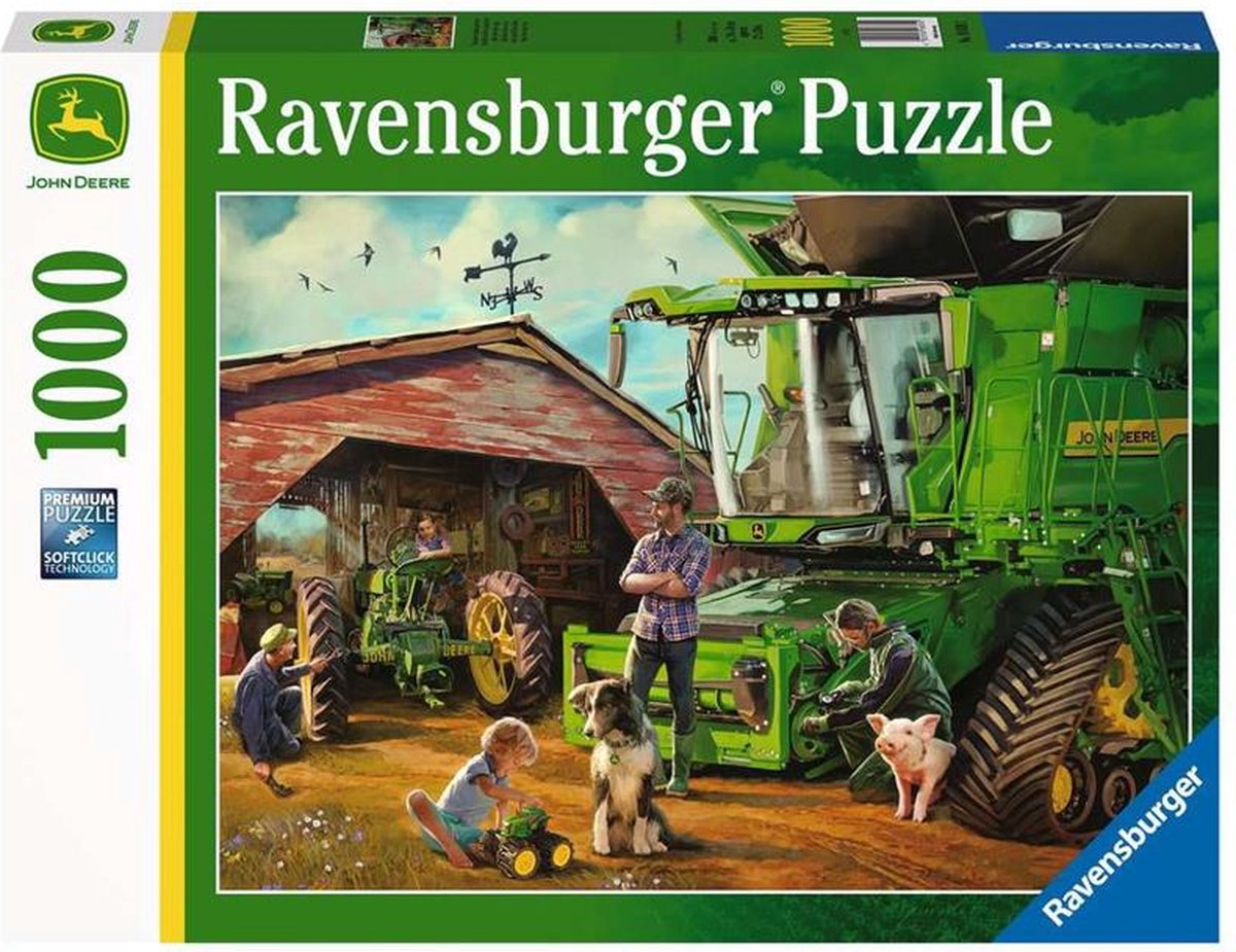 Ravensburger John Deere farm puzzle: A green combine harvester, farmers, child, dog, and pig in a bustling farmyard by a barn