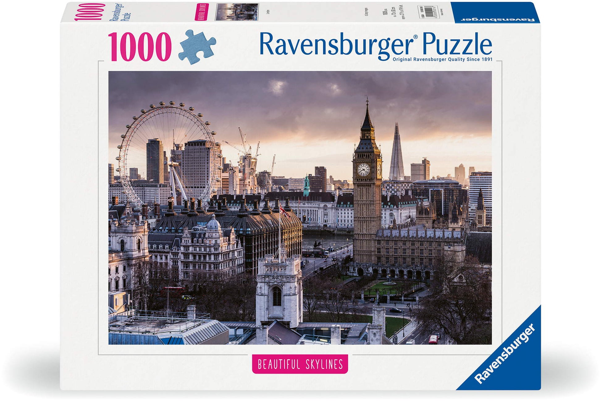 Ravensburger 1000-piece puzzle box displaying London's skyline: Big Ben, London Eye, The Shard at sunset