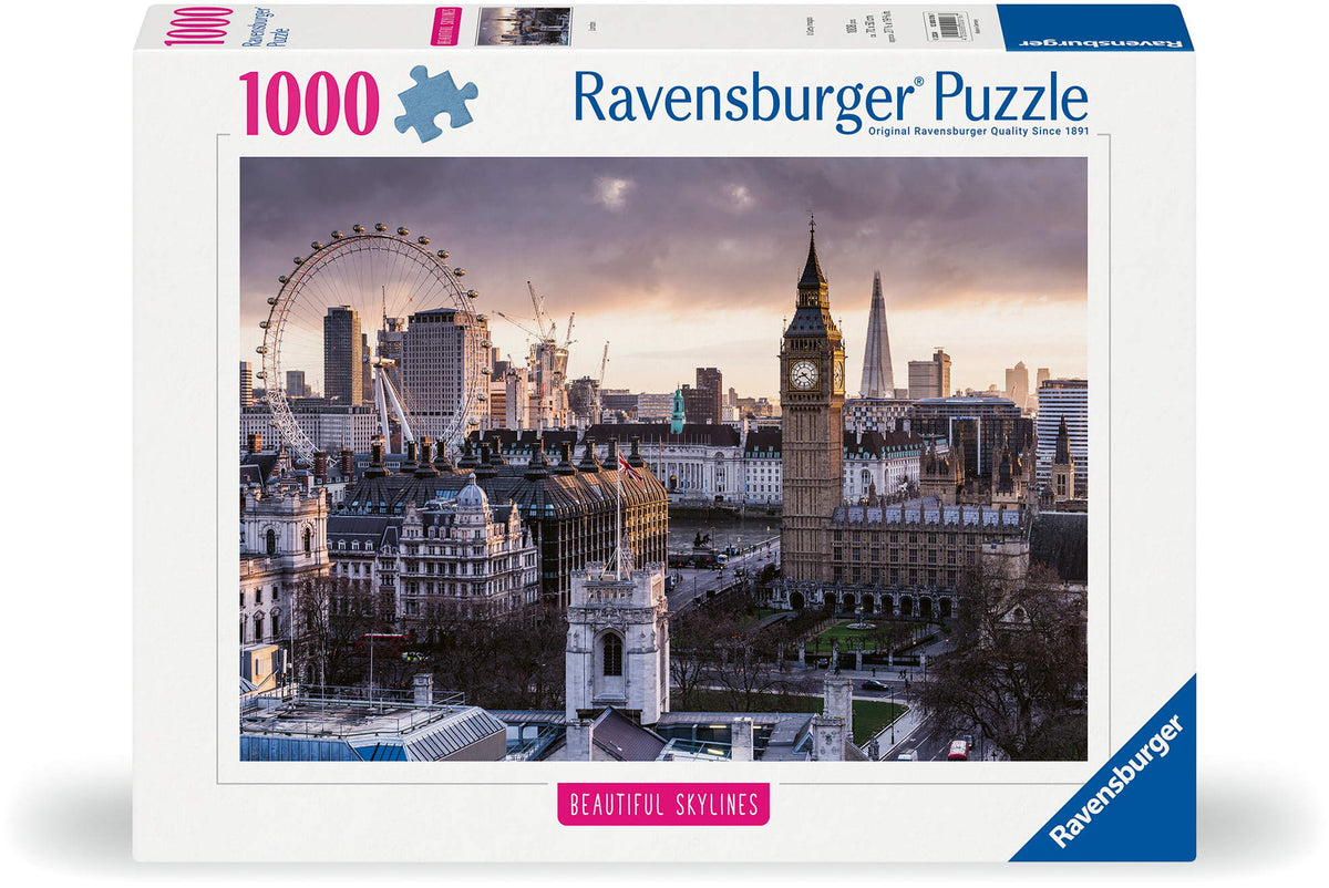 Ravensburger 1000-piece puzzle box displaying London&#39;s skyline: Big Ben, London Eye, The Shard at sunset