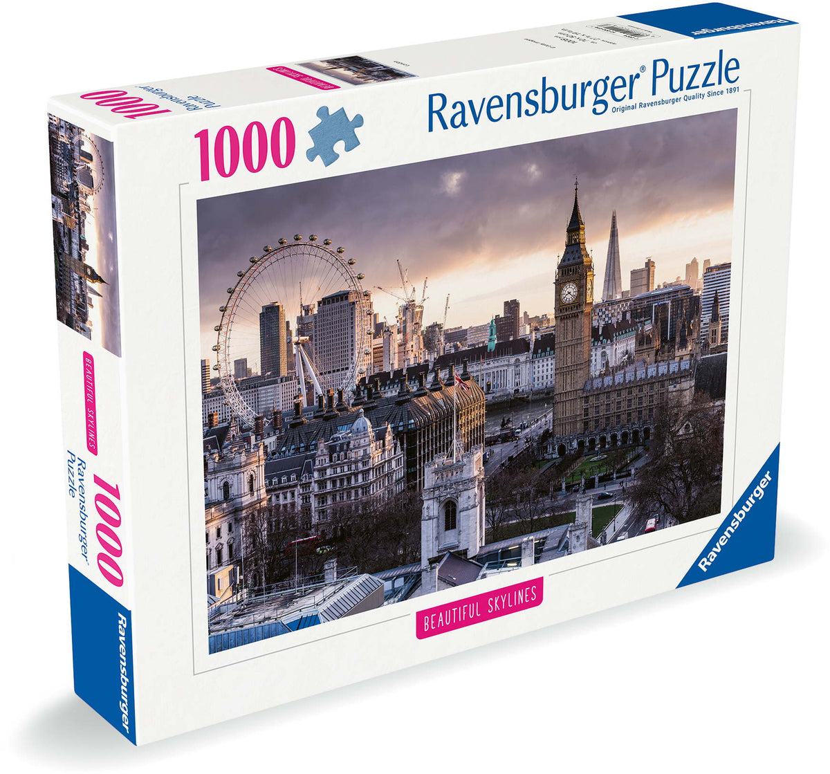 Ravensburger 1000-piece puzzle box featuring London&#39;s skyline with Big Ben and the London Eye at sunset