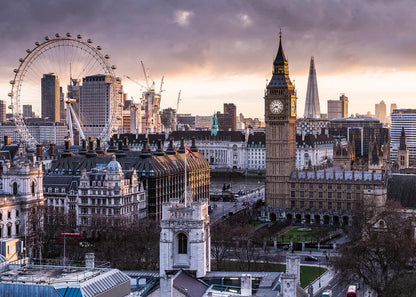 London cityscape with Big Ben, Parliament, London Eye, and The Shard under a dramatic sky