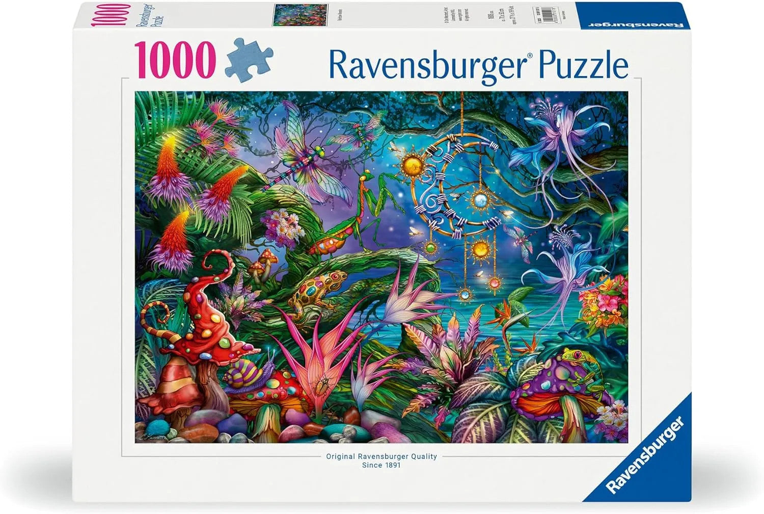 Ravensburger 1000-piece puzzle box: vibrant, fantastical forest with glowing flora, dragonflies, and a mantis