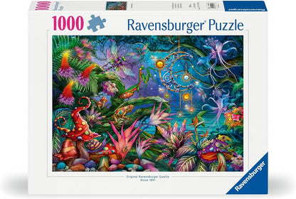 Ravensburger 1000-piece puzzle box: vibrant, fantastical forest with glowing flora, dragonflies, and a mantis