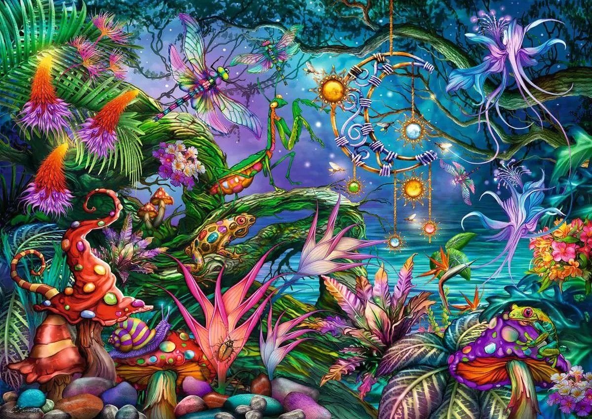 A vibrant, surreal jungle scene teeming with a dragonfly, praying mantis, glowing mushrooms, fantastic flora, and a sun-themed dreamcatcher over water