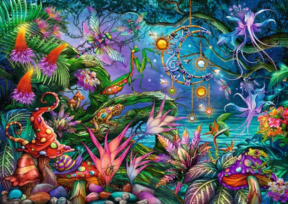 A vibrant, surreal jungle scene teeming with a dragonfly, praying mantis, glowing mushrooms, fantastic flora, and a sun-themed dreamcatcher over water
