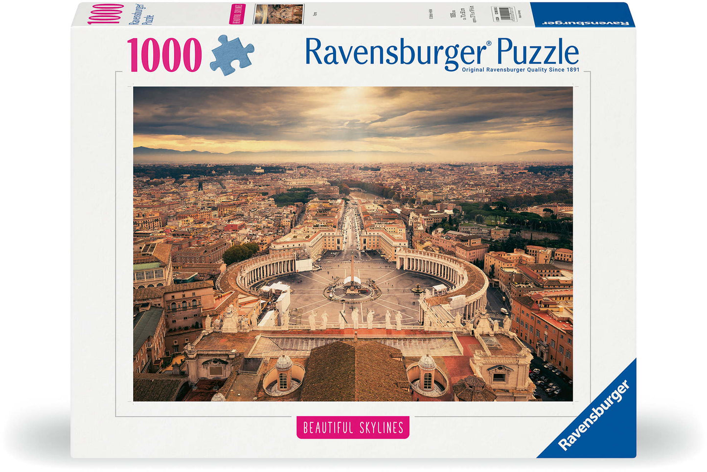 Ravensburger 1000-piece puzzle box: Aerial view of St. Peter's Square, Vatican City and Rome at golden hour