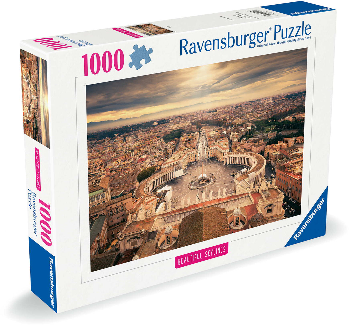Ravensburger 1000-piece puzzle box: aerial view of St. Peter&#39;s Square, Rome, under a dramatic sky