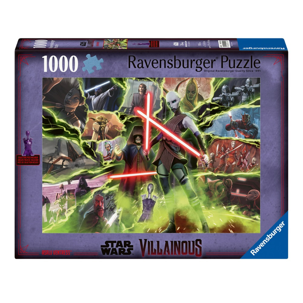 Ravensburger Star Wars Villainous puzzle box depicts Asajj Ventress with dual red lightsabers, surrounded by other dark side characters