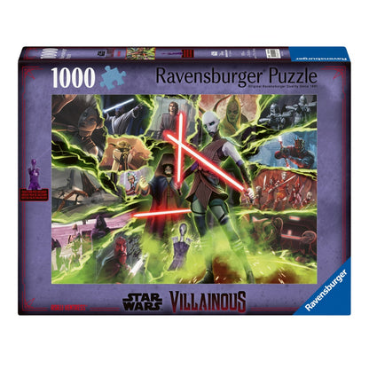 Ravensburger Star Wars Villainous puzzle box depicts Asajj Ventress with dual red lightsabers, surrounded by other dark side characters
