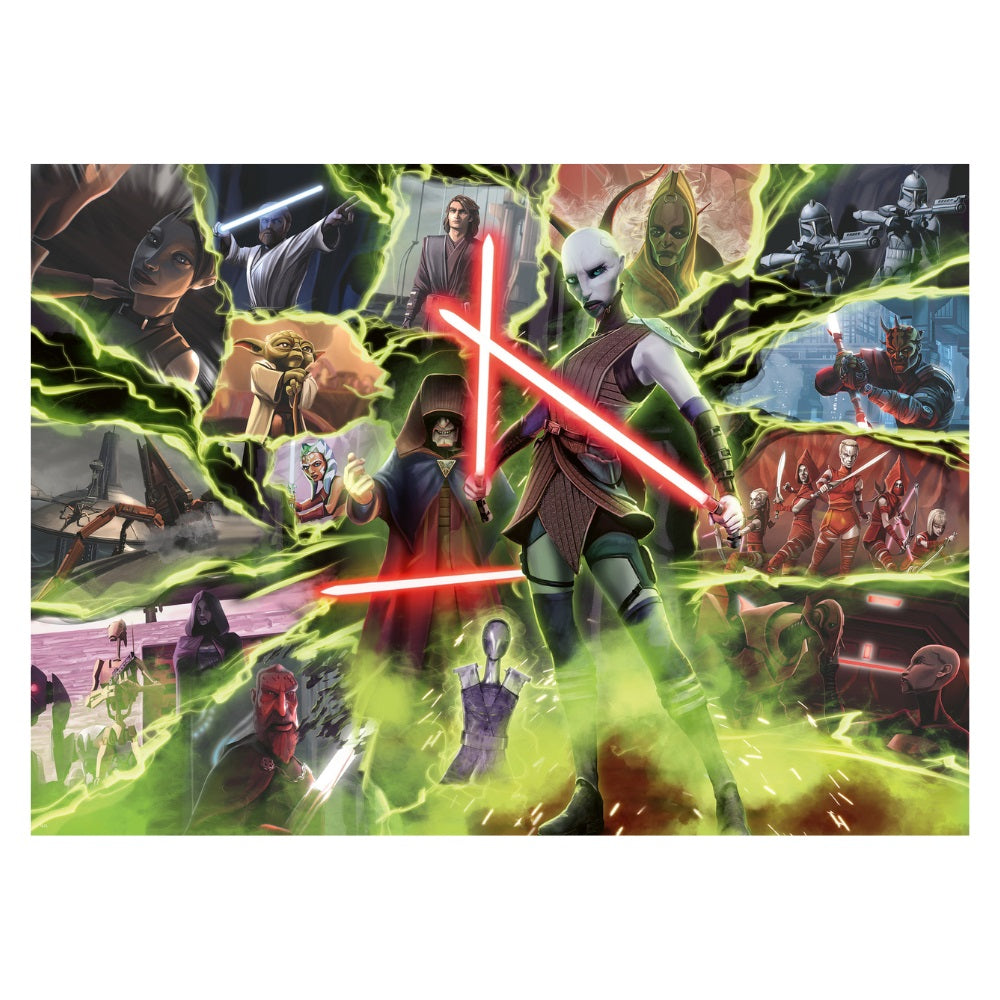 Asajj Ventress wields dual red lightsabers, surrounded by green energy and a collage of Clone Wars characters