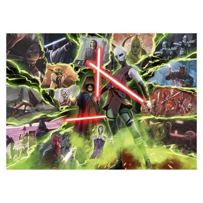 Asajj Ventress wields dual red lightsabers, surrounded by green energy and a collage of Clone Wars characters