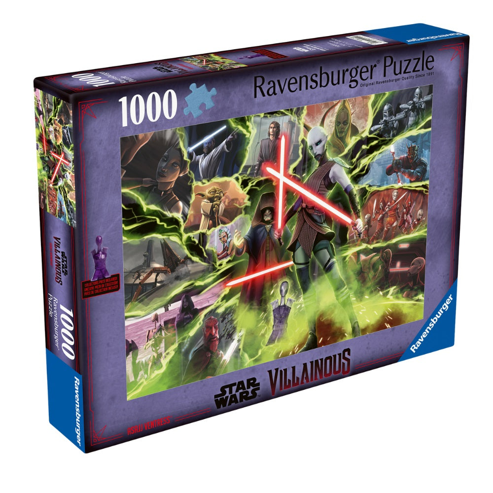 Ravensburger Star Wars Villainous 1000-pc puzzle box, Asajj Ventress with dual red lightsabers, amidst iconic Star Wars characters