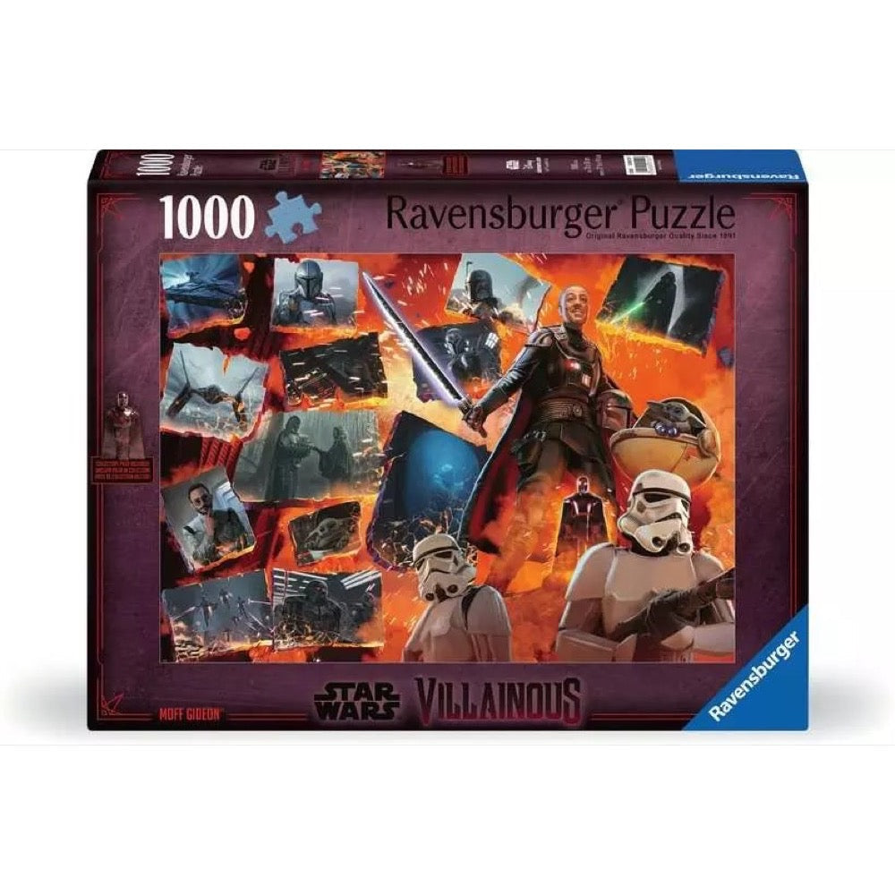 Ravensburger 1000-piece Star Wars Villainous puzzle box featuring Moff Gideon holding a darksaber, surrounded by characters and scenes