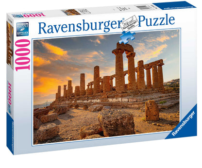 Ravensburger Valley of the Temples Agrigento 1000-Piece Jigsaw puzzle box showing ancient Greek temple ruins at sunset with glowing orange clouds
