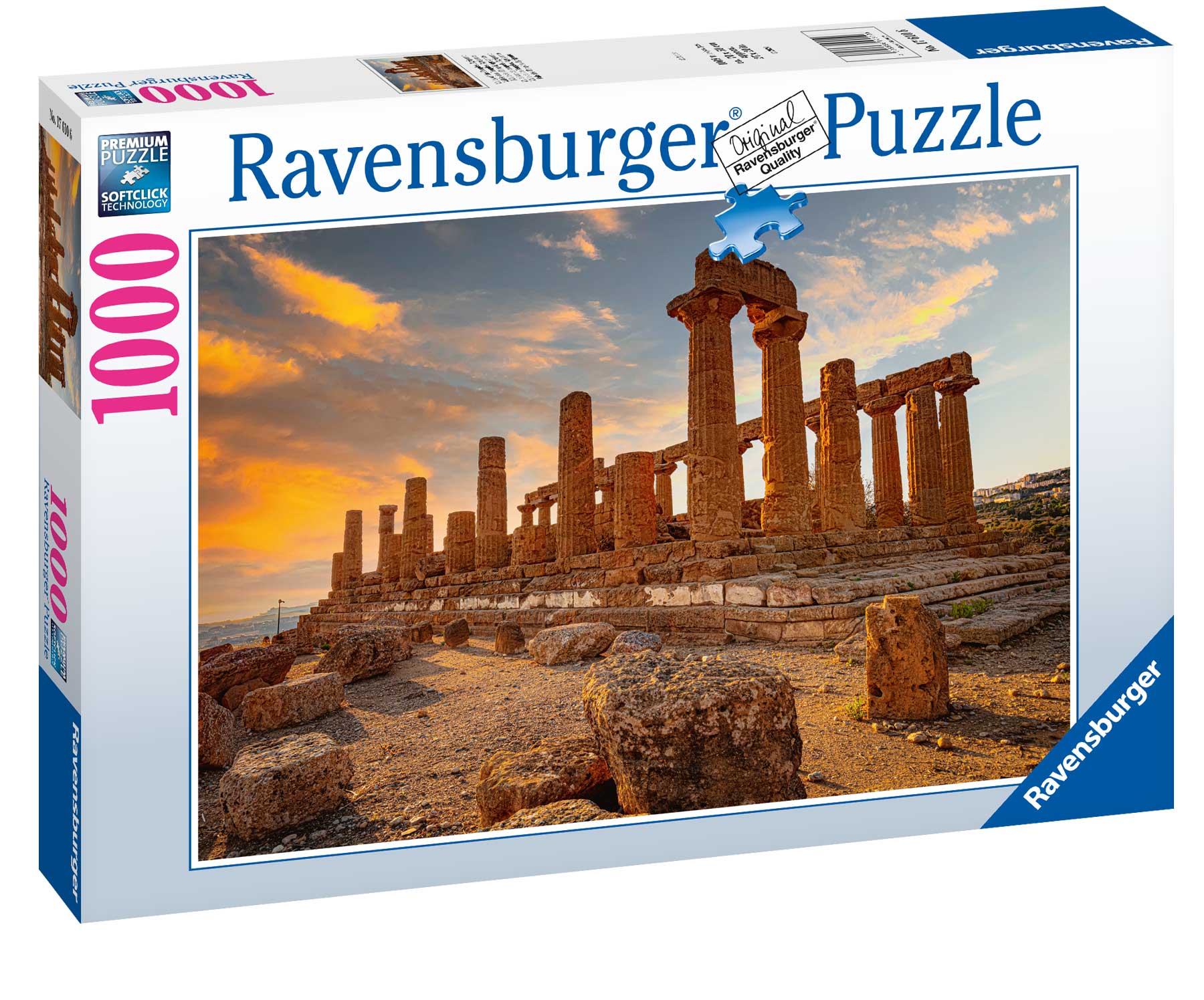Ravensburger Valley of the Temples Agrigento 1000-Piece Jigsaw puzzle box showing ancient Greek temple ruins at sunset with glowing orange clouds