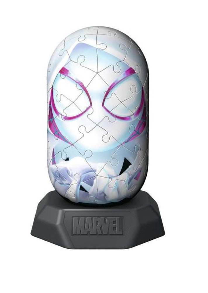 Spider-Gwen 3D puzzle of her white mask with pink eyes, on a black base featuring 'MARVEL'