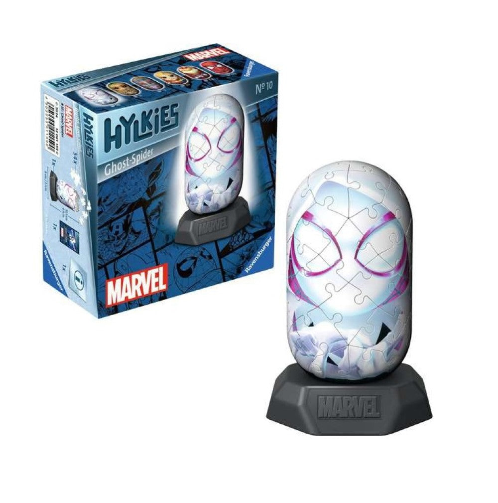 Assembled Ghost-Spider (Spider-Gwen) 3D puzzle on a Marvel base, next to its HYLKIES box