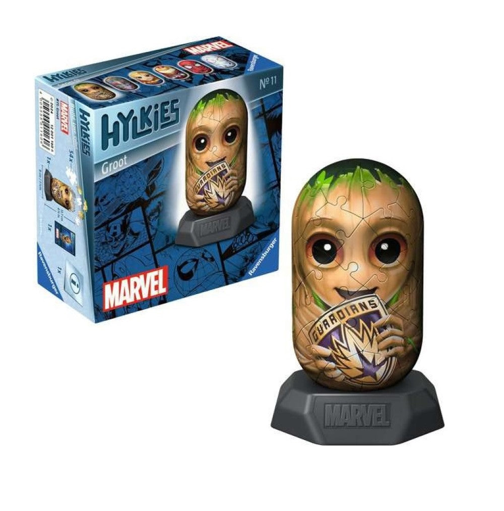 Baby Groot 3D puzzle with a Guardians sign, on a Marvel base, next to its packaging box