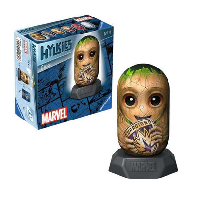 Baby Groot 3D puzzle with a Guardians sign, on a Marvel base, next to its packaging box