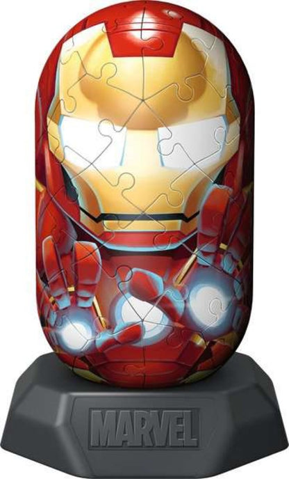 Red and gold Iron Man 3D puzzle, showing glowing repulsor blasts, on a black Marvel logo base
