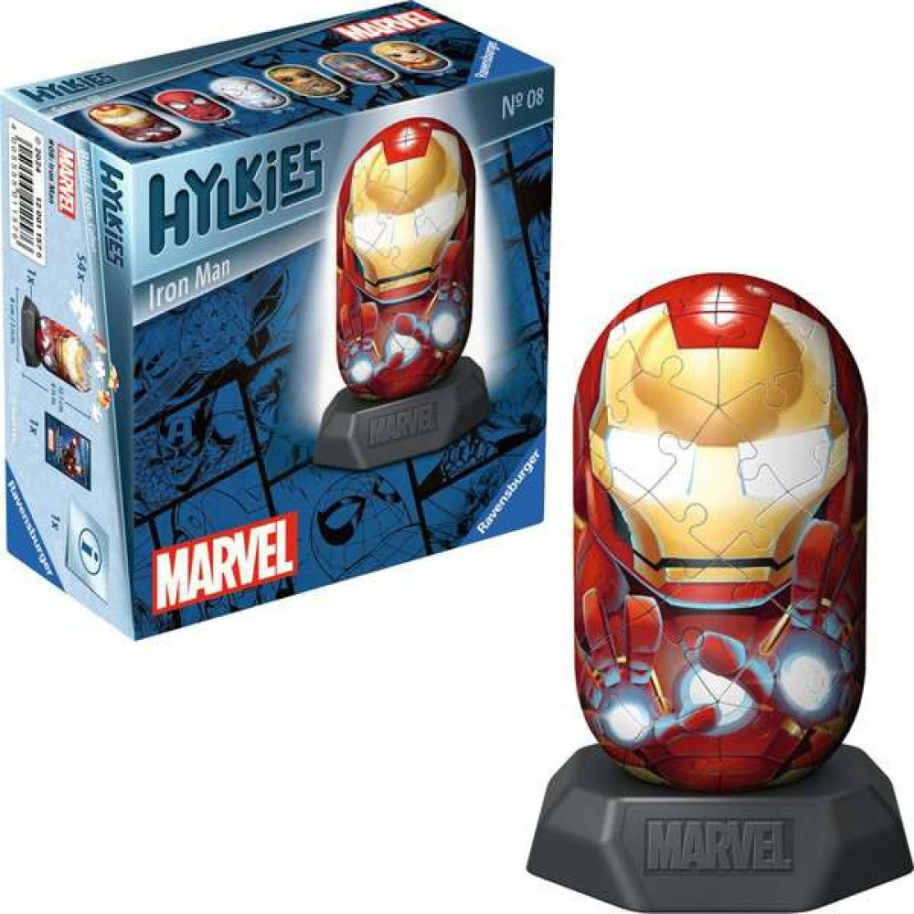 An assembled red and gold Iron Man 3D puzzle on a dark stand, displayed next to its blue product box