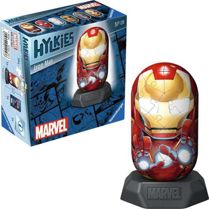 An assembled red and gold Iron Man 3D puzzle on a dark stand, displayed next to its blue product box