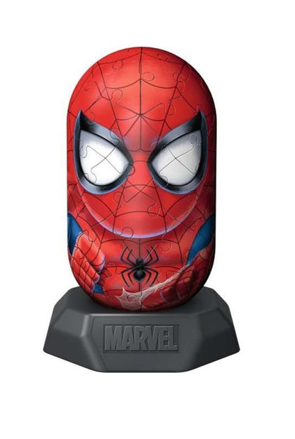 A fully assembled 3D Spider-Man puzzle, featuring his iconic red suit with web lines, white eyes, and a spider logo, on a black Marvel base