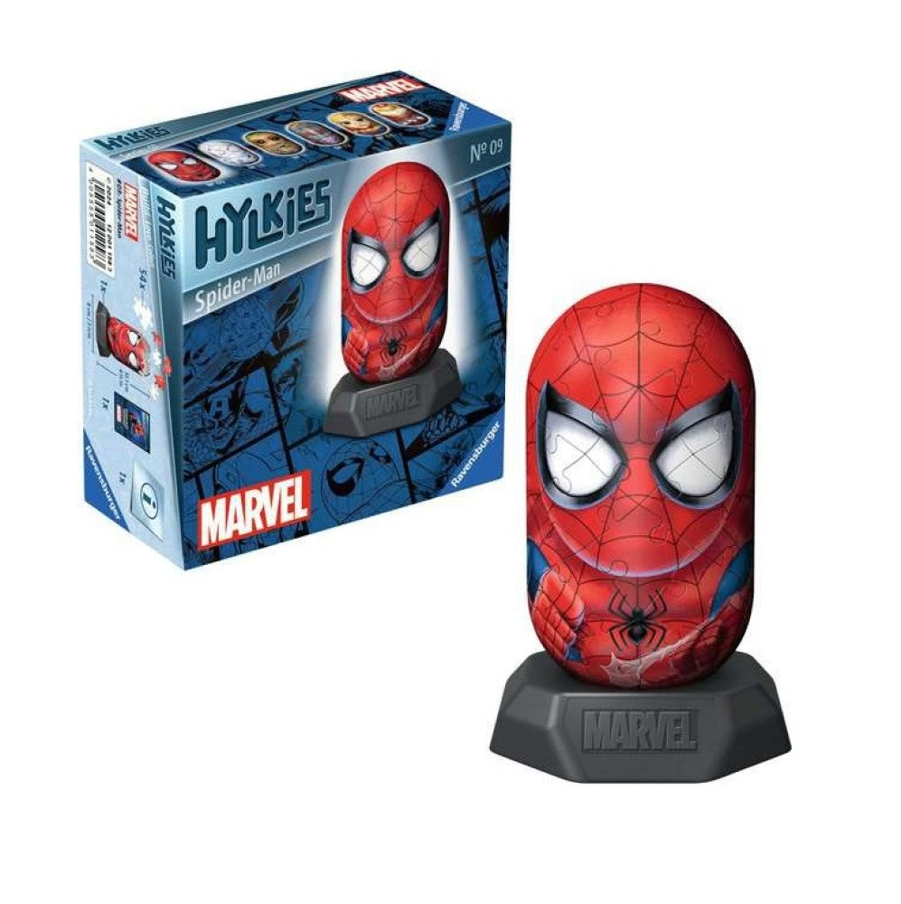 Hylkies Spider-Man collectible, in its box and displayed on a black Marvel base