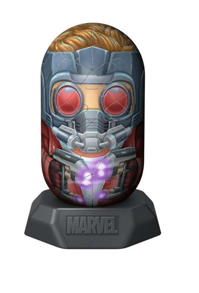 Light-up 3D puzzle of Star-Lord's head with mask and blonde hair, glowing purple, on a Marvel stand