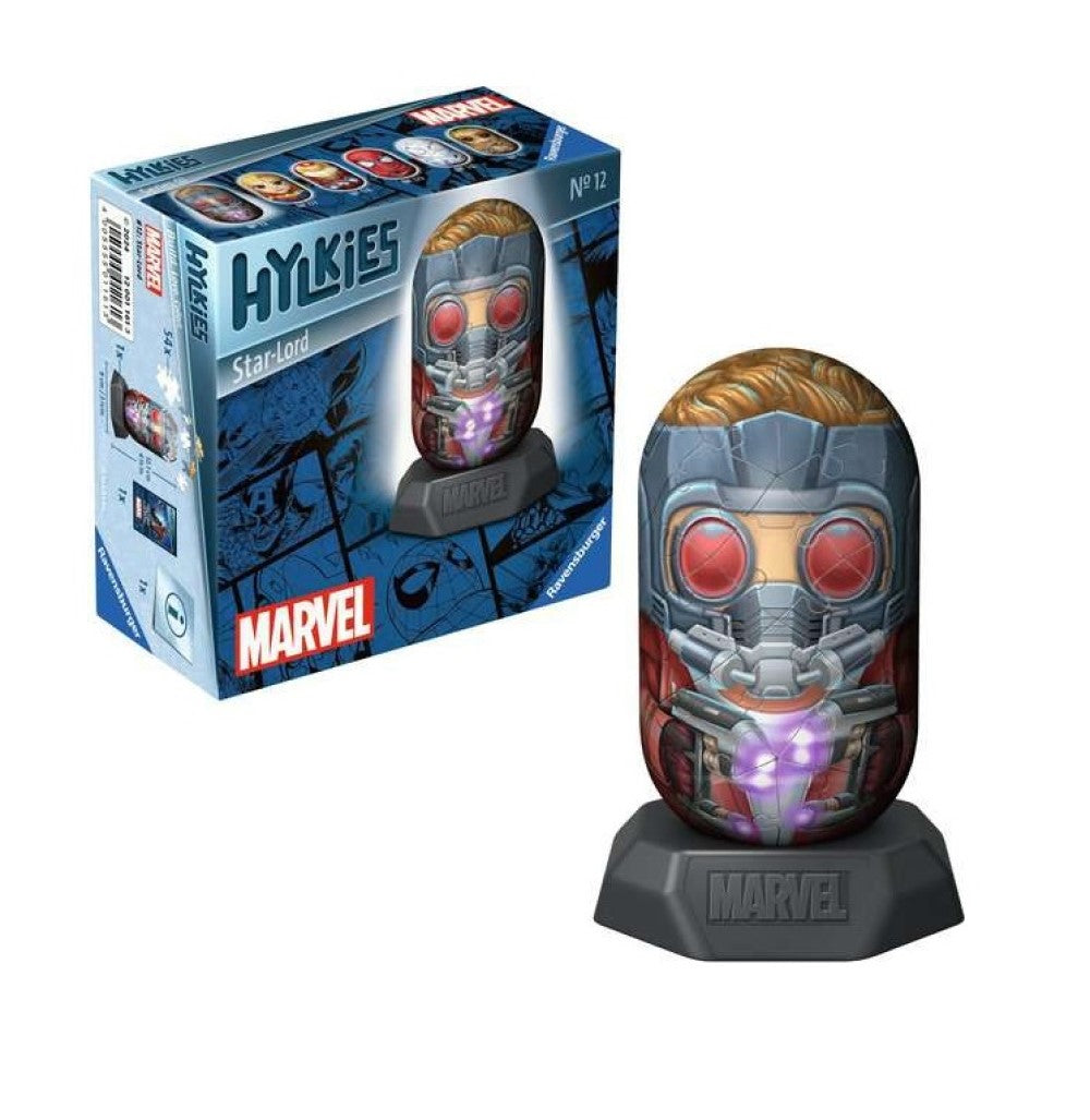 Star-Lord Hylkies collectible figure with glowing purple details on a base, next to its Marvel box