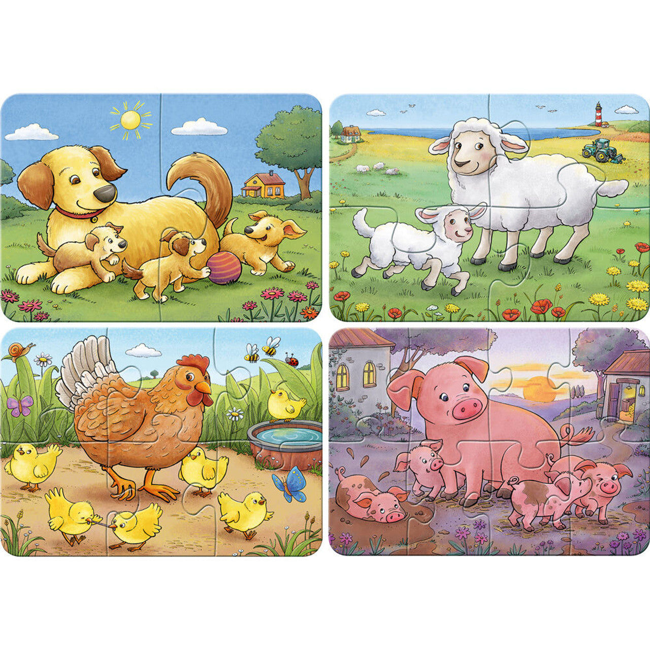 Four cartoon puzzles: a dog family, sheep, hen & chicks and pigs playing on a farm