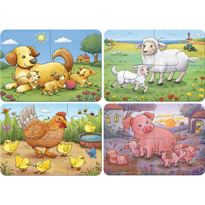 Four cartoon puzzles: a dog family, sheep, hen & chicks and pigs playing on a farm