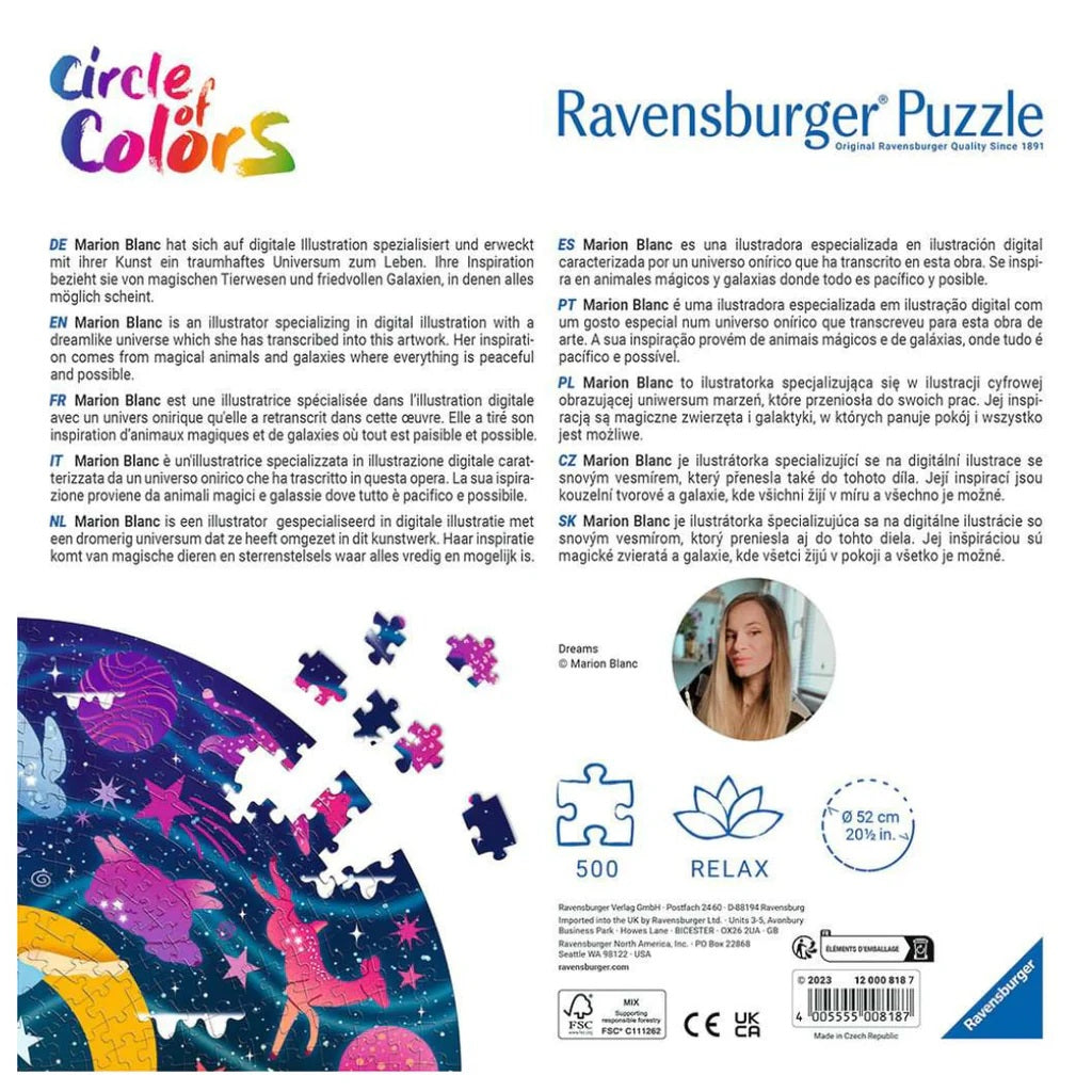 Ravensburger "Circle of Colors" 500-piece puzzle box, showing vibrant, fantastical artwork and illustrator Marion Blanc