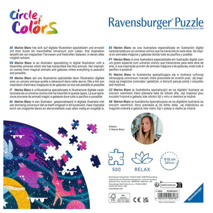 Ravensburger "Circle of Colors" 500-piece puzzle box, showing vibrant, fantastical artwork and illustrator Marion Blanc