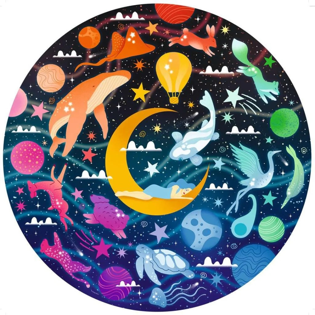 Woman sleeps on crescent moon in a cosmic dreamscape with floating animals, stars and colorful planets