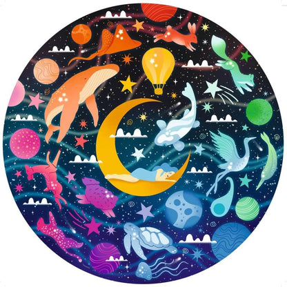 Woman sleeps on crescent moon in a cosmic dreamscape with floating animals, stars and colorful planets