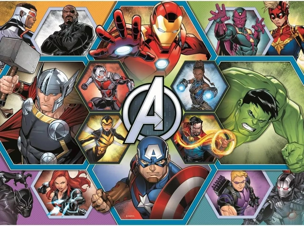 Iron Man, Captain America, Hulk and many Avengers heroes in hexagonal frames surrounding the central Avengers logo, poised for action