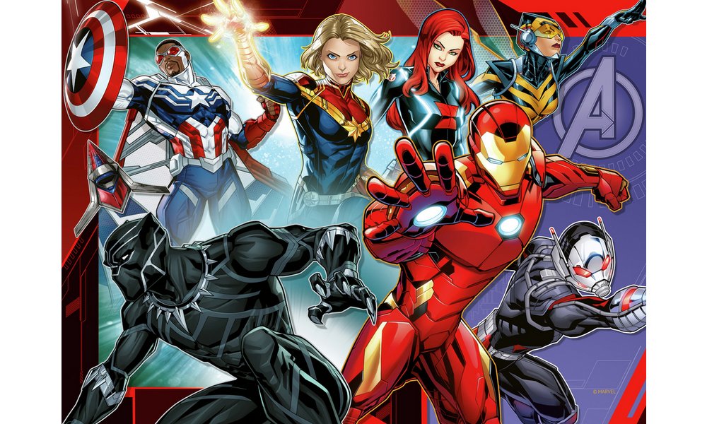 Dynamic illustration of seven Marvel Avengers: Captain America, Iron Man, Black Panther, Captain Marvel, Black Widow, Wasp and Ant-Man